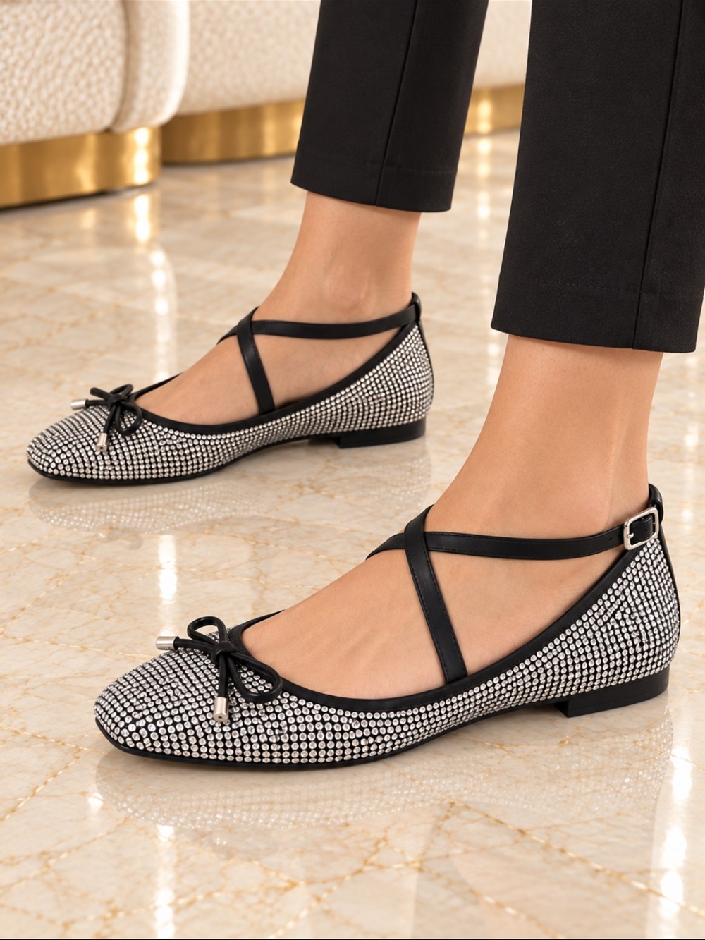 Gorgeous Michael Kors Silver Crystal Ballet Flats with Black Ankle Straps❤️9